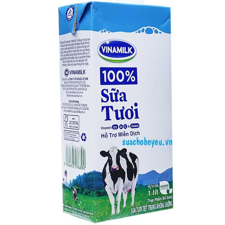 Sữa tươi tiệt trùng Vinamilk 100% Có đường - Lốc 4 Hộp x 180ml