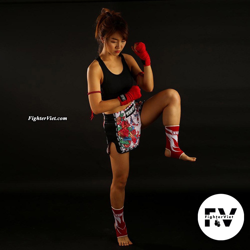 Quần TUFF Muay Thai Boxing Shorts White Retro Style - Hoa Hồng Trắng
