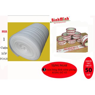 (TẶNG BĂNG DÍNH DỄ VỠ theo TRÊN ẢNH) Cuộn Xốp Pe Foam Dày 2mm Dài 150m Gói Hàng chống xước, chống vỡ... bảo vệ hàng hóa