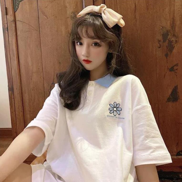 Áo thun POLO nữ tay lỡ có cổ phông form rộng freesize unisex mặc đi học, cặp, nhóm, lớp in hình HOA CÚC BA MÀU 😘