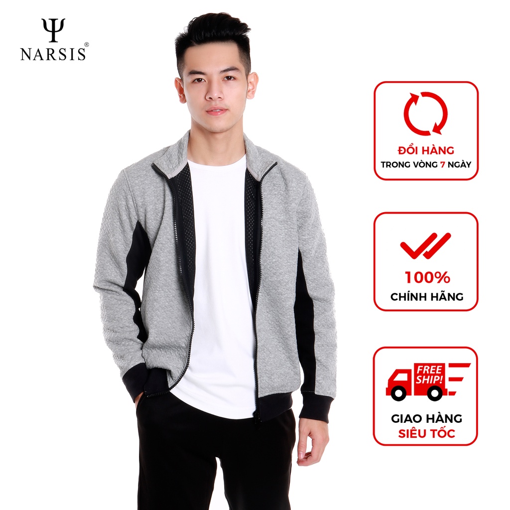 Áo khoác nam Narsis D6069 khóa kéo bo tay màu ghi phối đen