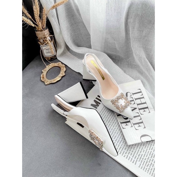 Bán Sỉ-Giày cao gót tam giác hở gót mũi nhọn da sần hoa đá vuông