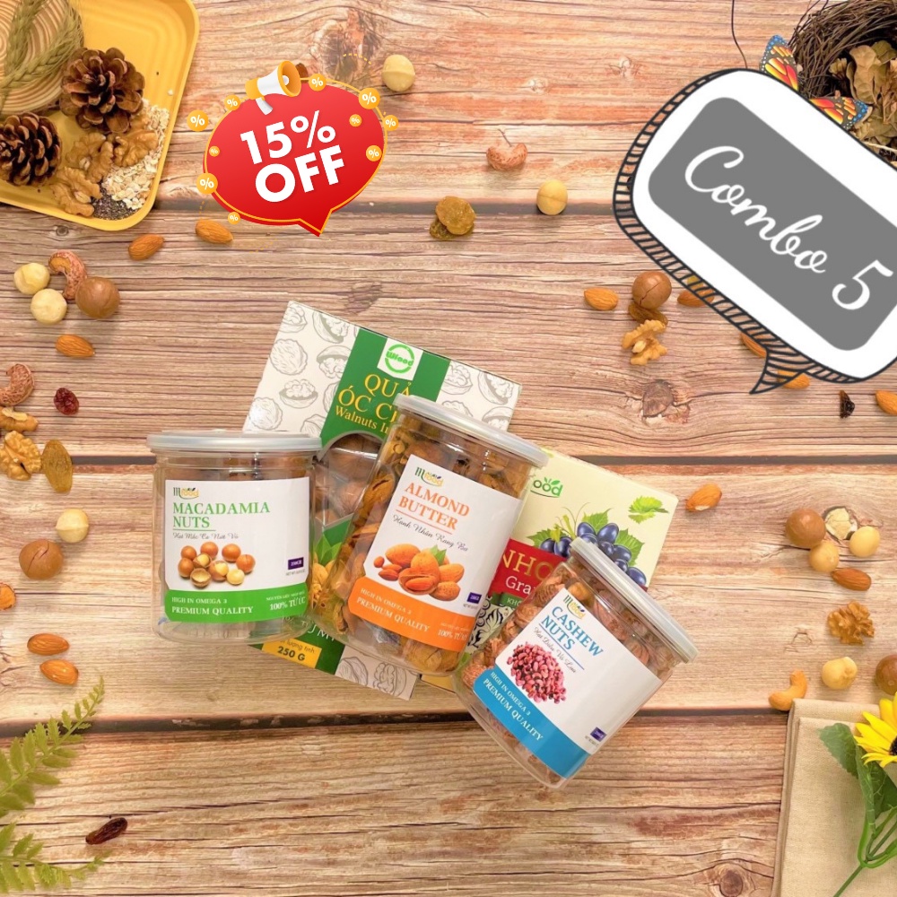 Combo 5 hạt dinh dưỡng - Quả óc chó,Hạnh nhân rang bơ,Nho khô ,Hạt macca(Mắc ca),Hạt điều rang muối | 250g