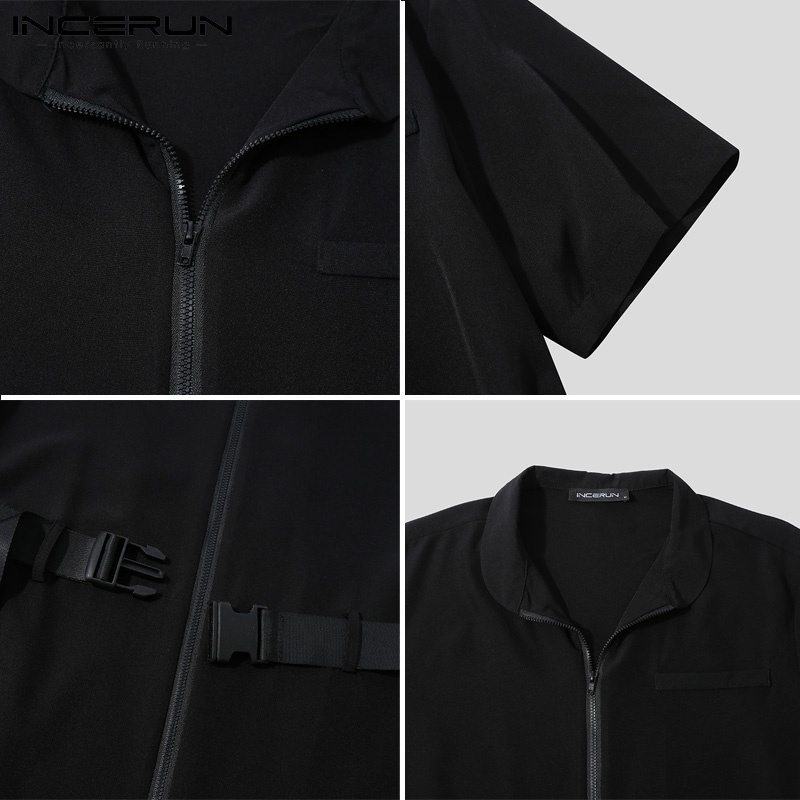 Áo liền quần INCERUN tay ngắn cổ bẻ có thắt lưng phối dây kéo thời trang cho nam