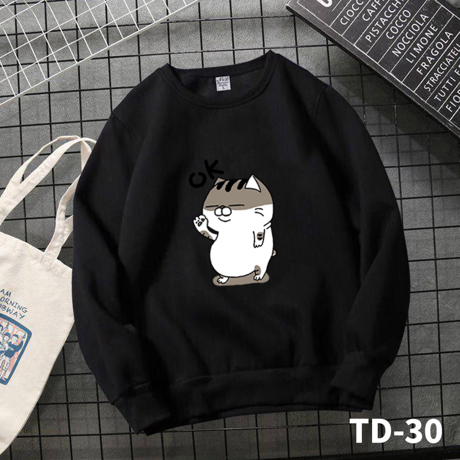 Áo sweater MÈO OK form rộng nam nữ, áo tay dài nỉ bông in họa tiết unisex dày mềm mịn - Tí Chuột Studio