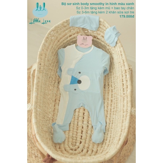 Body sơ sinh smoothy in hình tặng kèm mũ, bao chân, bao tay, khăn sữa sợi tre