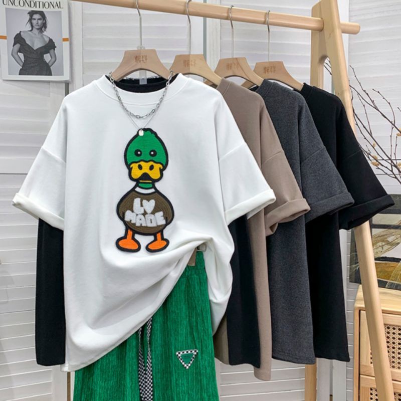áo thun nữ tay lỡ, áo phông cotton form rộng in hình vịt siêu hót  ( có size 28kg-90kg)