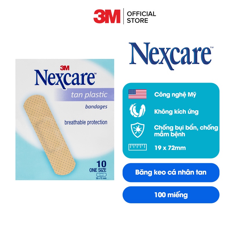 Băng keo cá nhân Nexcare 3M 19x72mm (10 miếng x 10 gói) Màu da, keo siêu dính, co dãn tốt, thông thoáng TANS10