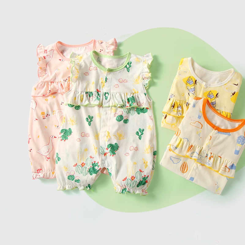 Bộ Áo Liền Quần Cotton Không Tay In Họa Tiết Dễ Thương Cho Bé Trai &amp; Gái 0-24 Tháng Tuổi