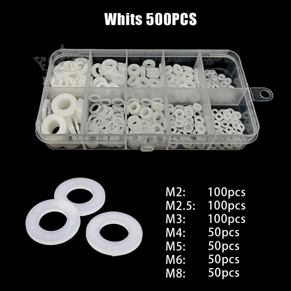 【FUNWD】500PCS Nylon Flat Washer Assortment Kit M2 M2.5 M3 M4 M5 M6 M8 Screw/Bolt