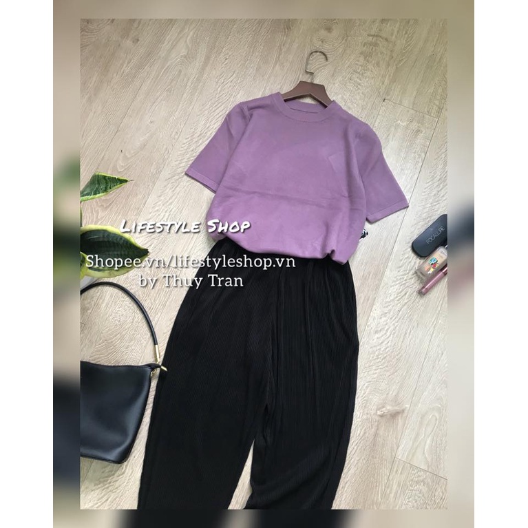 Áo len nữ Thu Đông mỏng mềm dáng suông lửng cổ tròn cộc tay | BigBuy360 - bigbuy360.vn