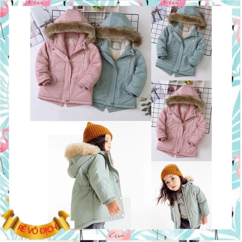 Áo parka bé gái mũ lông 4-12 tuổi mũ vành lông khóa đồng, Áo khoác cho bé bên trong lót nỉ lông hàng xuất khẩu xịn sò