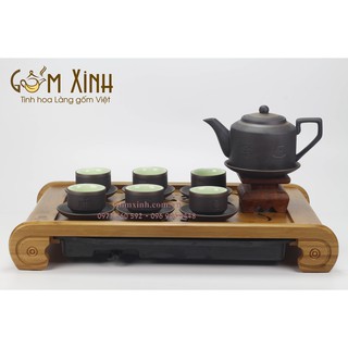 Ấm chén Bát Tràng_Bộ trà tử sa Tích Phúc Lộc Thọ chỉ bạc