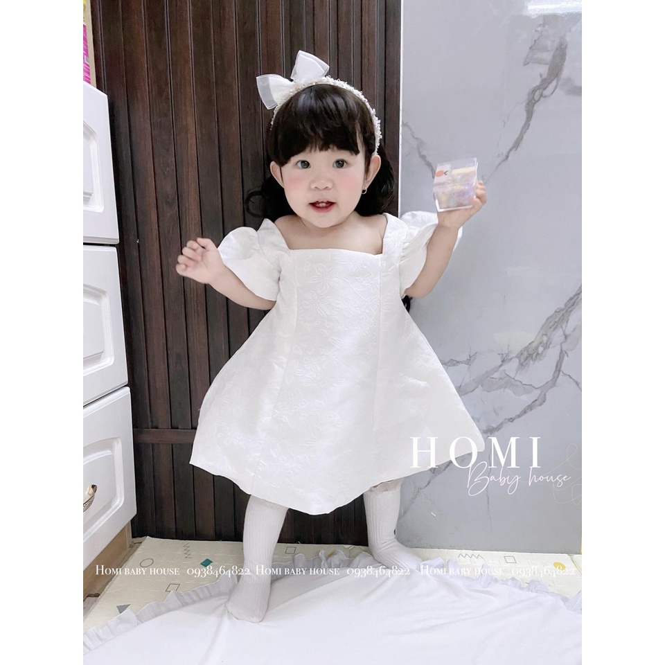 Váy công chúa cho bé gái HOMI BABY HOUSE đầm công chúa gấm 7 mảnh màu trắng/hồng cho bé dự tiệc dạo phố