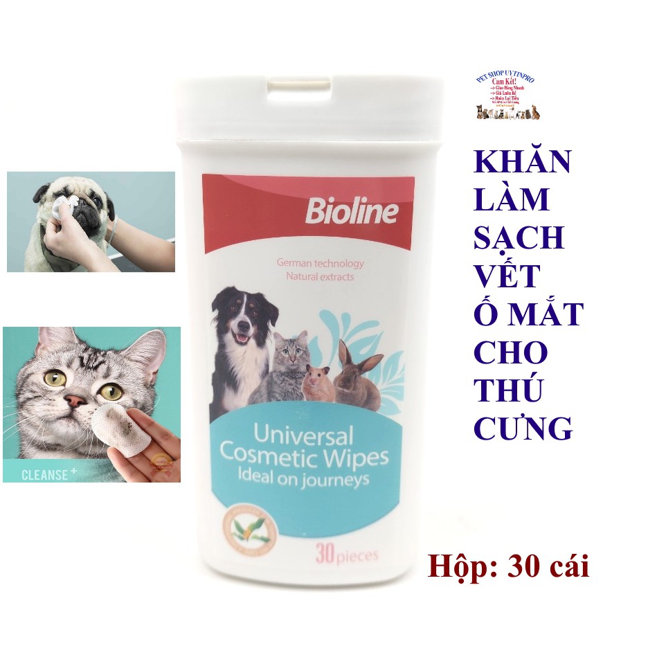 KHĂN LAU MẮT CHO CHÓ MÈO THÚ CƯNG Bioline Universal Cosmetic Wipes Hộp 30 chiếc Vệ sinh mắt Làm sạch vết ố ở mắt