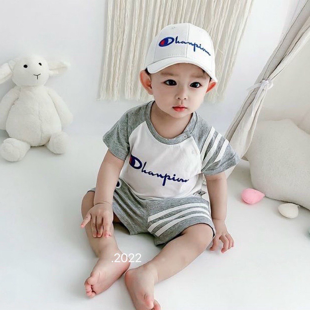 Bộ cộc tay bé trai, set 3ct bộ cotton Championn phối tay bkèm mũ cho bé-Bm_babyshop68