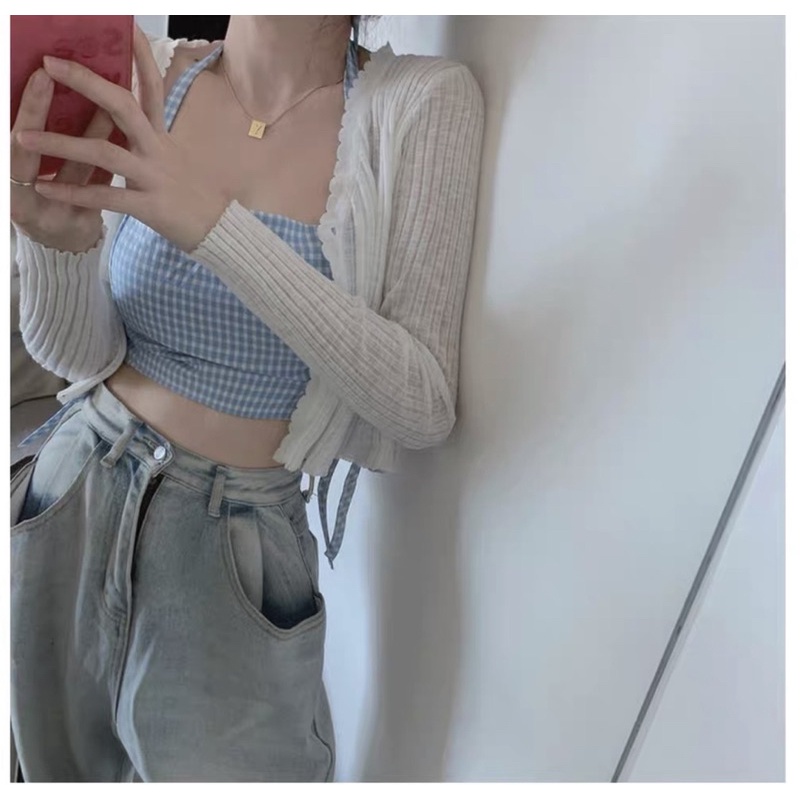 SET ÁO CROPTOP CARO XANH RÚT DÂY HÔNG KÈM ÁO KHOÁC TRẮNG
