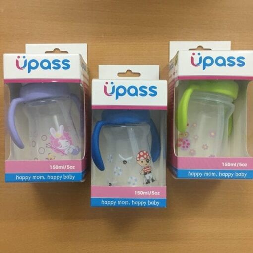 Cốc tập uống Upass 150ml nắp bật có hai tay cầm, ống hút (3 màu) - Hàng Thái Lan chính hãng