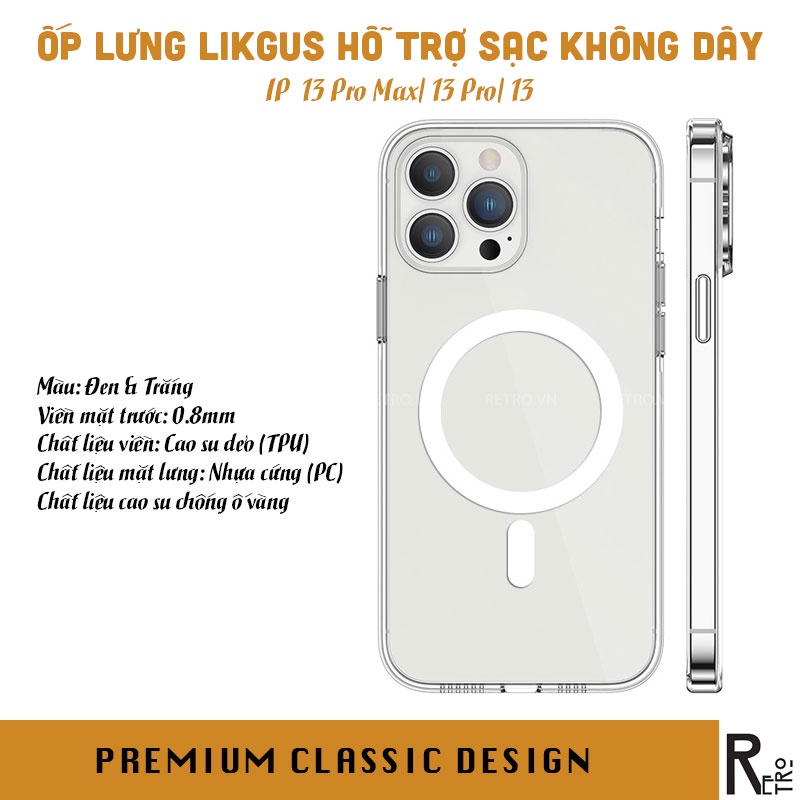 Ốp Lưng Hỗ Trợ Sạc Không Dây LIKGUS Mặt Lưng PC Cứng Trong Suốt Chống Trầy, Viền TPU Mềm iP 12/13/13Pro/13Promax