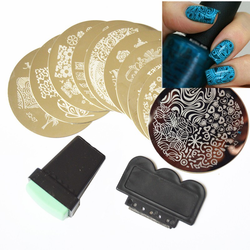 Set 10 Tấm Inox Dán Móng Tay + 1 Con Dấu + 1 Dụng Cụ Cạo Họa Tiết Ngẫu Nhiên