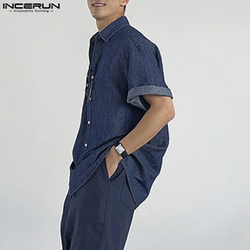 Áo sơ mi denim INCERUN ngắn tay màu trơn phối túi hộp thời trang cho nam