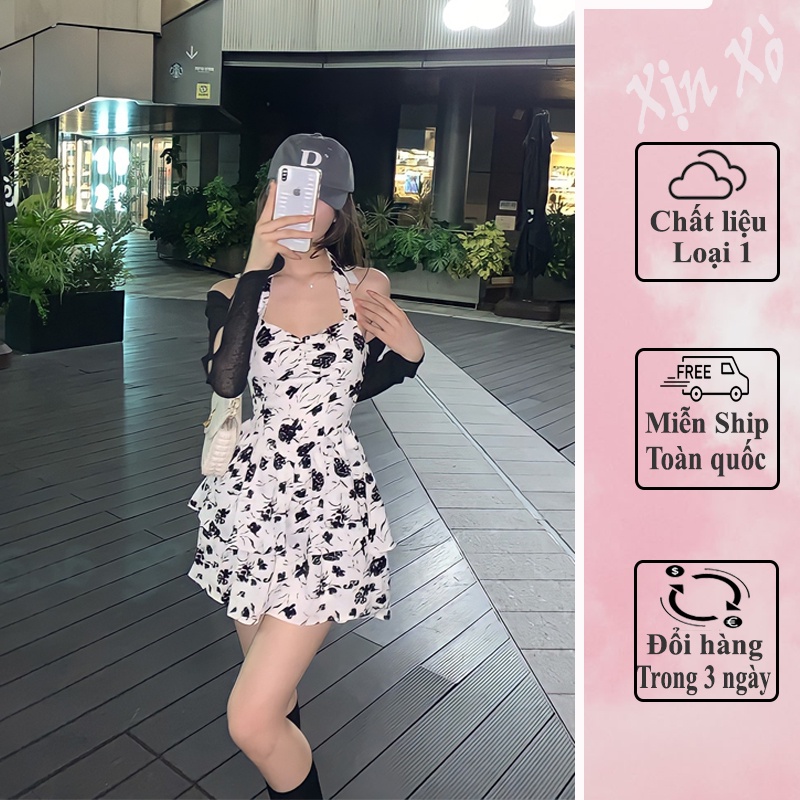 {HÀNG SẮP VỀ} Váy Dáng Xòe Buộc Cổ Hoa Hồng Đen Hot TikTok Kèm Áo Khoác Thời Trang Nữ Mẫu Mới 2022