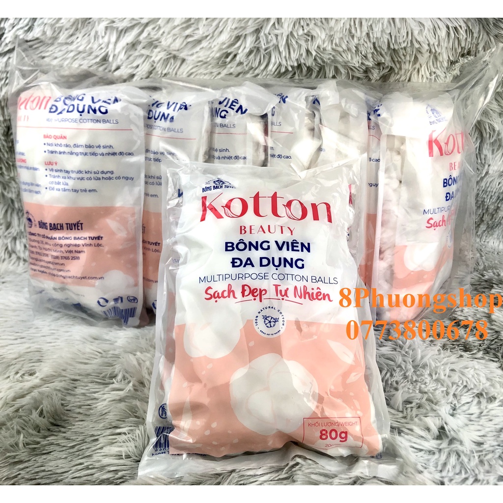 Bông Viên đa dụng Kotton Beauty gói 80g chính hãng Bông Bạch Tuyết - Bông gòn dạng viên 20mm gói 80g