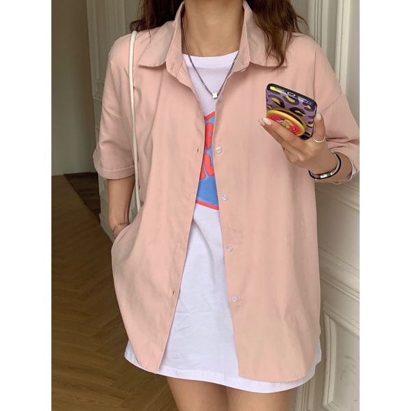 Áo Sơ Mi Tay Ngắn Dáng Rộng Màu Trơn Phong Cách Retro Cho Nữ