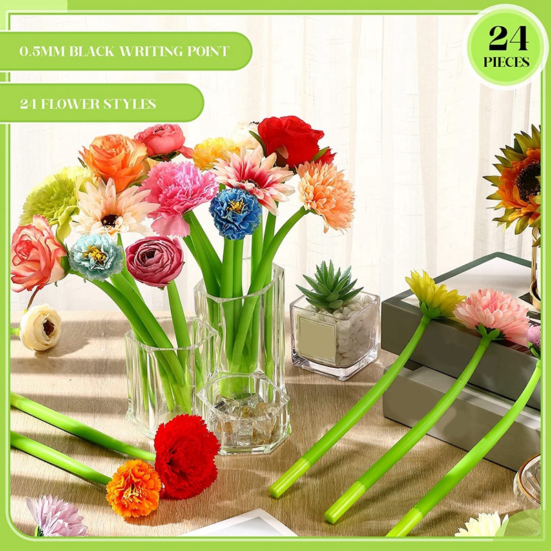 24 Chiếc Bút Bi Nước Ngòi 0.5Mm Mực Đen Hình Hoa Hồng