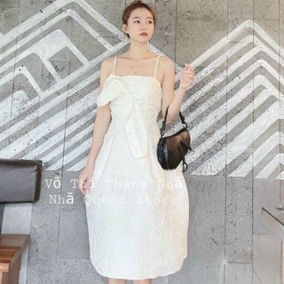 Đầm gấm trắng hai dây nơ ngực-m68 - moon