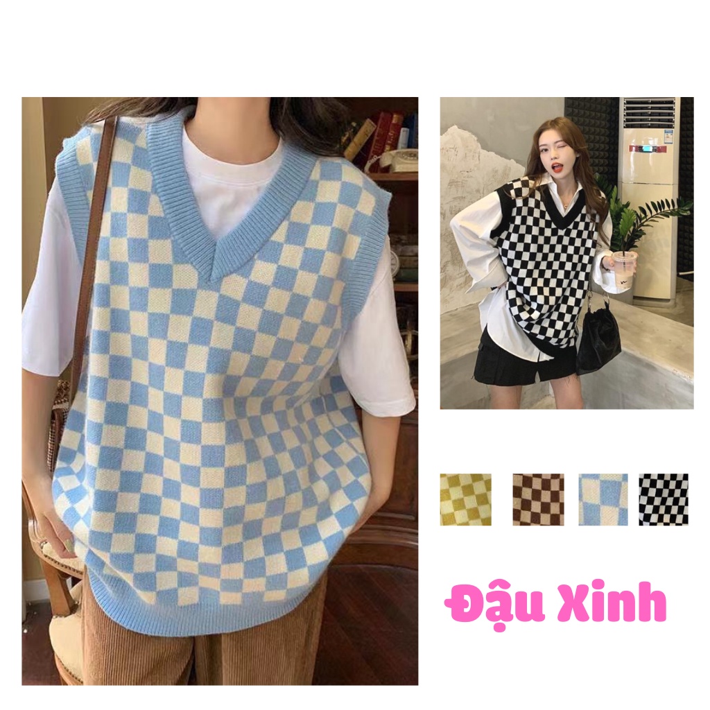 Áo gile len nữ họa tiết kẻ caro hàn quốc kiểu dáng ulzzang mix cùng sơ mi