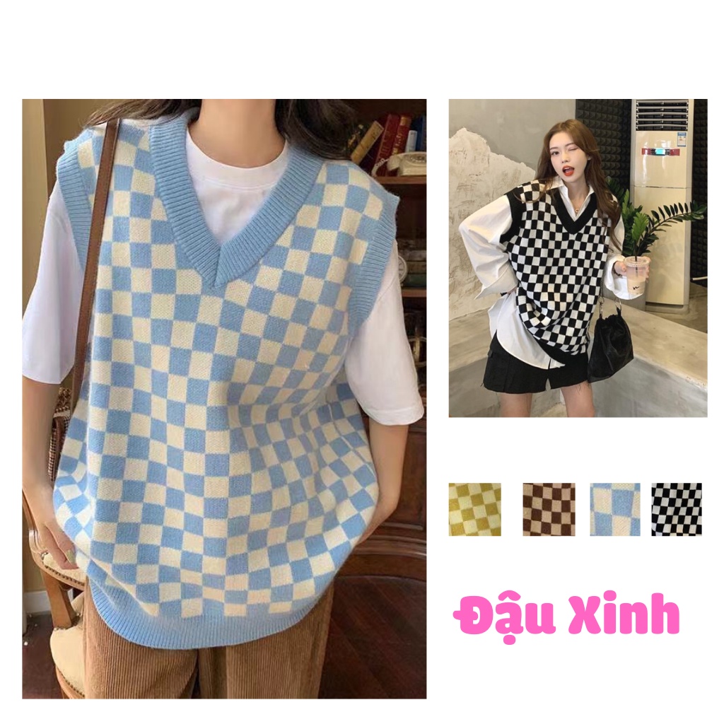 Áo gile len nữ họa tiết kẻ caro hàn quốc kiểu dáng ulzzang mix cùng sơ mi 021 | BigBuy360 - bigbuy360.vn