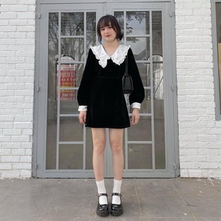 ♥️ ĐẦM ĐEN XOÈ CỔ SEN TRẮNG THÊU HOA ♥️