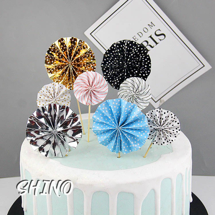 Topper/ que cắm quạt giấy đủ màu trang trí bánh kem (Set 4 cái)