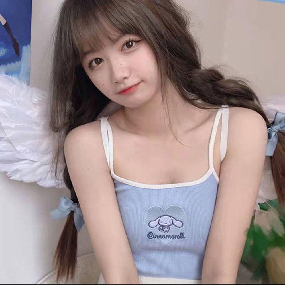 Áo Croptop Hai Dây Màu Trơn Họa Tiết Kuromi Thời Trang Cho Nữ