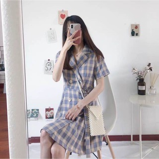 Váy caro cổ vest thắt nơ eo ngang