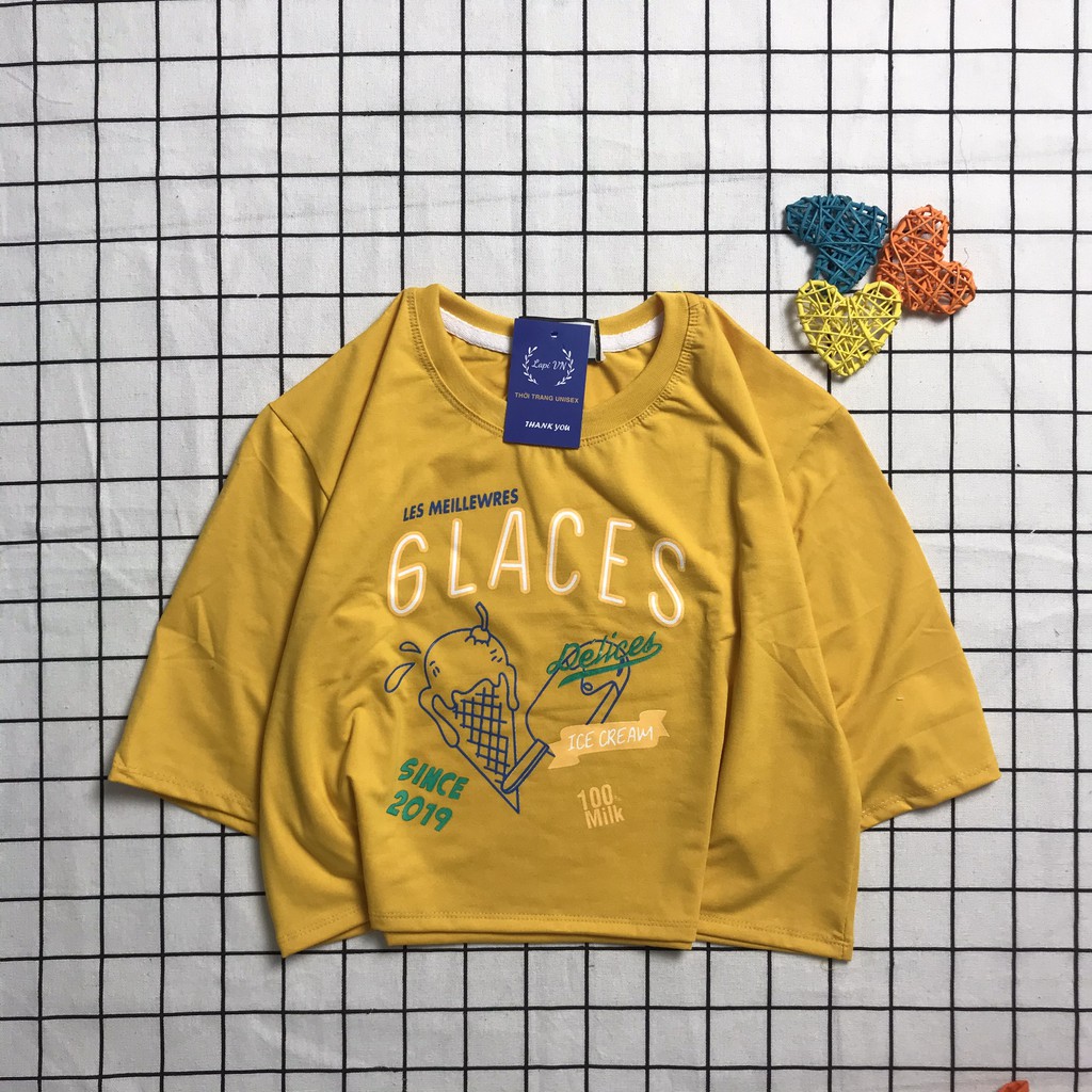 Áo Croptop Nữ Tay Lỡ In Hình Glaces Lapi VN Phong Cách Ulzzang Freesize Phom Rộng, Áo Thun Unisex