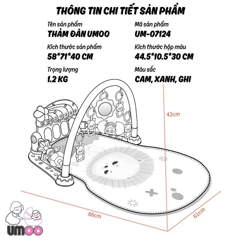 Thảm đàn, thảm nằm chơi phát nhạc Umoo chính hãng, chất liệu nhựa nguyên sinh, không chứa BPA an toàn cho bé