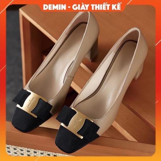 SẴN Giày cao gót DEMIN giày cao gót cao cấp mũi vuông gắn nơ xinh xắn đế 6cm - KCG053