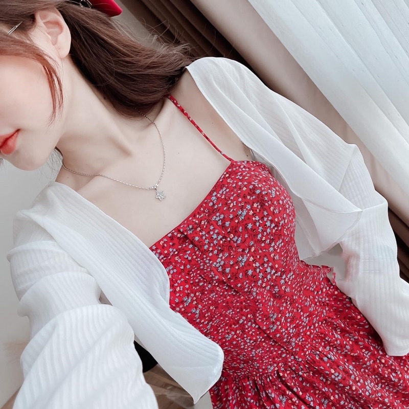Set Đầm Hoa Đỏ 2 Dây Phối Khoác Cardigan Ngoài [ Ảnh thật 100% ] | BigBuy360 - bigbuy360.vn
