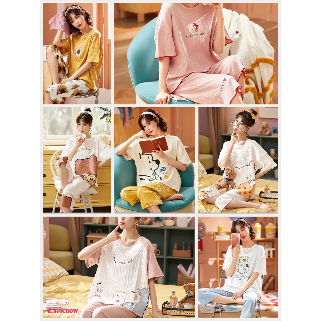 Những Mẫu Đồ ngủ nữ lửng cotton tăm cộc tay pijama, Đồ bộ nữ cộc tay dễ thương mùa hè chất mát nhiều hoạ tiết đẹp