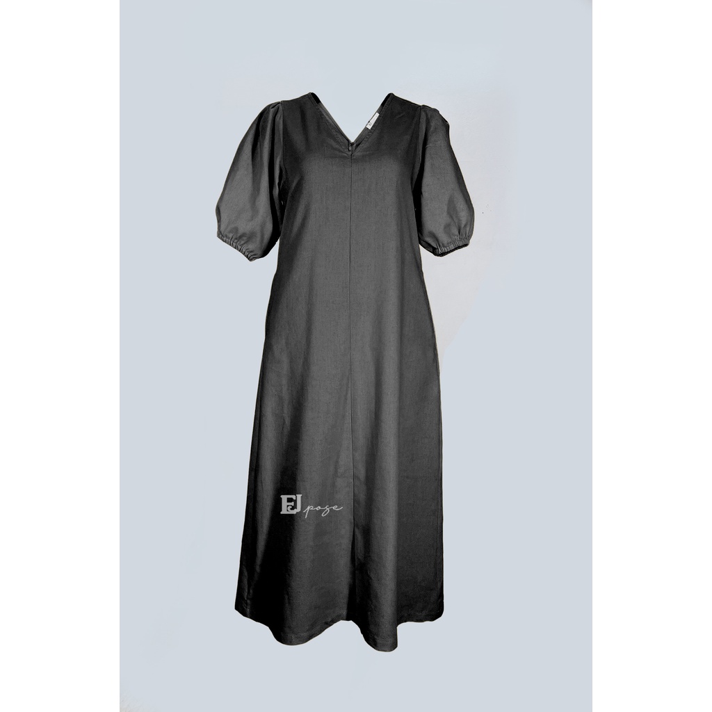 Đầm Linen cổ tim EJ POSE thiết kế kiểu tay phồng váy suông form A dễ mặc