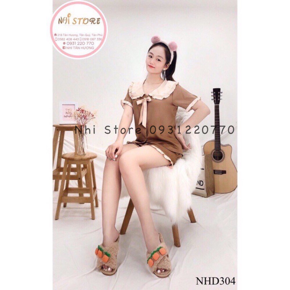 [FREESHIP 50K] Bộ lụa Pijama NHISTORE Bộ Quần Ngắn Tay Ngăn Cổ Phối Bèo Nơ Dễ Thương Freesize 45-58kg