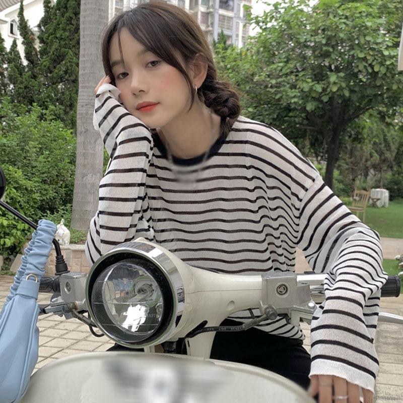 Áo thun dài tay dáng rộng kẻ sọc thời trang cho nữ