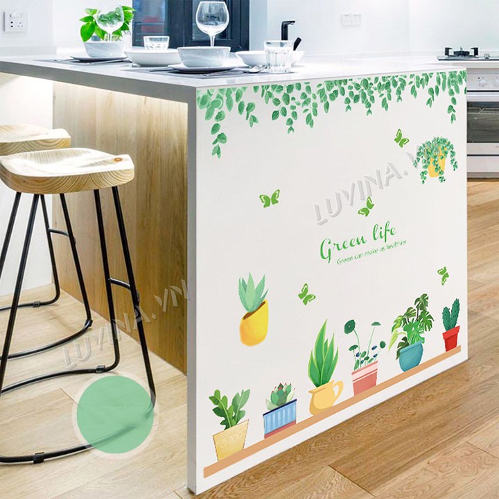 Decal dán tường trang trí quán cafe, văn phòng,phòng khách - Chậu cây và tán lá green