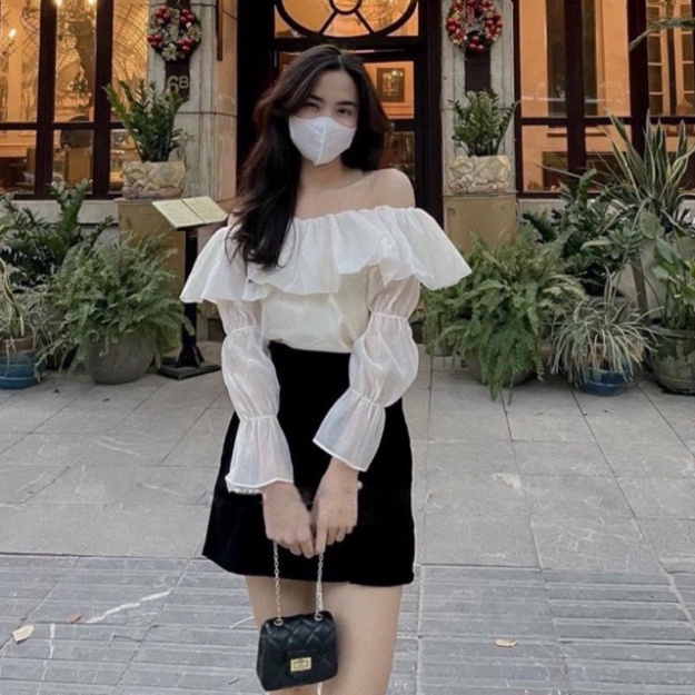 Áo sơ mi trễ vai công sở phong cách hàn quốc_001 ulzzang babydoll bánh bèo nội y xanh