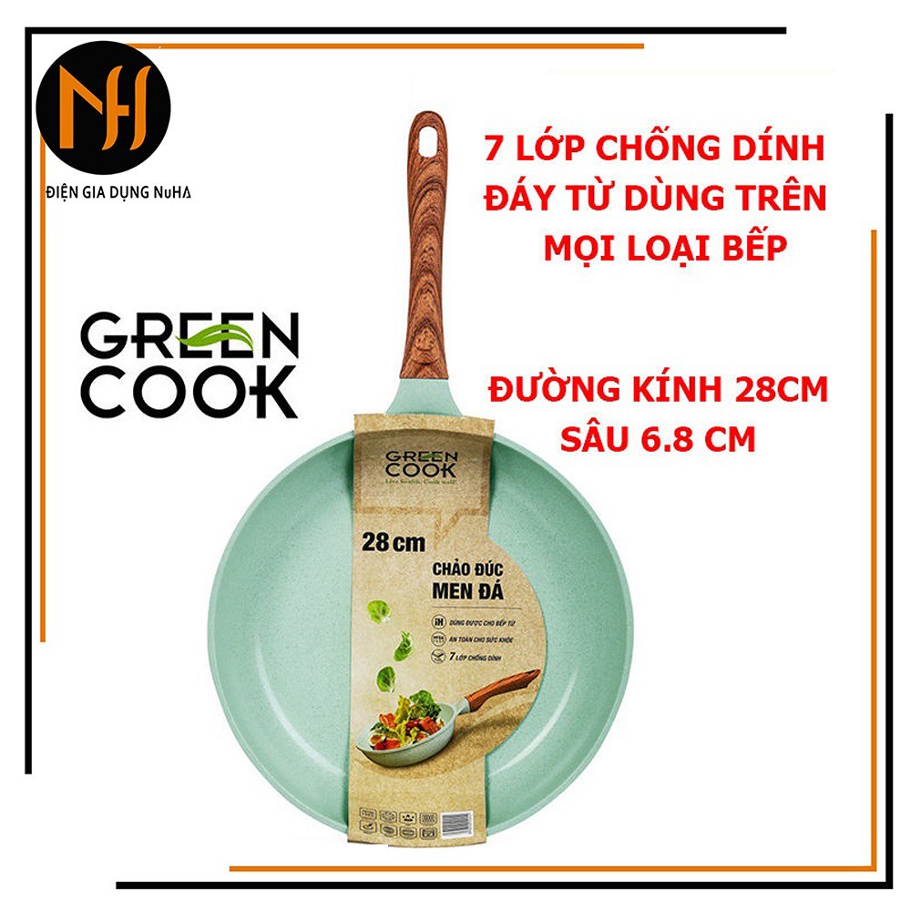 Chảo đúc chống dính 28cm sâu 6.8cm đáy từ 7 lớp men đá xanh ngọc sâu lòng Green Cook GCP06-28IH dùng cho mọi loại bếp