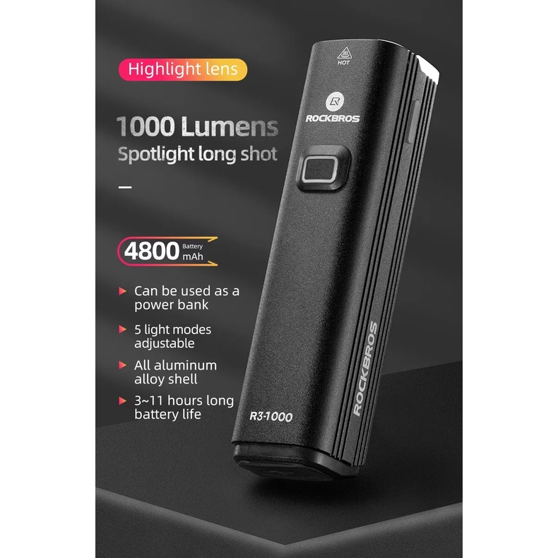 Đèn xe đạp Rockbros R3-1000, độ sáng 1000lm, pin 4800mah kiêm sạc dự phòng