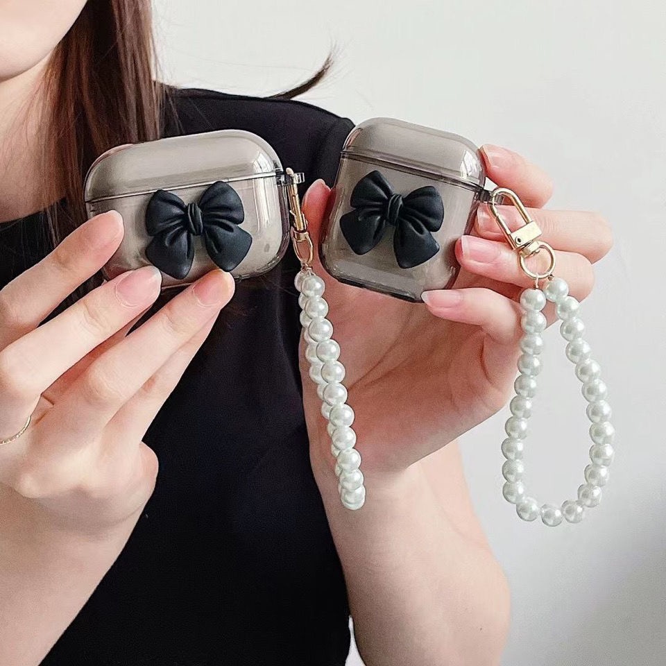 Vỏ bảo vệ hộp sạc tai nghe Airpods 1/ 2/ pro mềm đính nơ ngọc trai thời trang