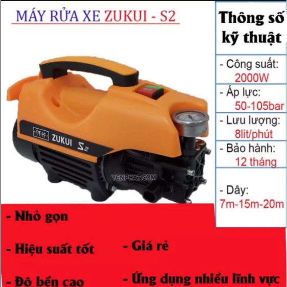 MÁY RỬA XE ZUKUI S3 CÔNG SUẤT 2000W - MÁY XỊT RỬA CAO ÁP 2000W RUỘT ĐỒNG Áp lực mạnh mẽ.